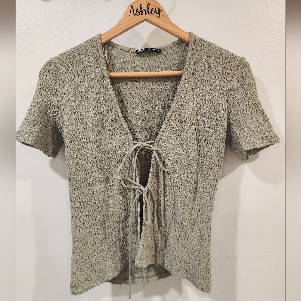 Zara Sage Green Tie-Front Short Sleeve Top